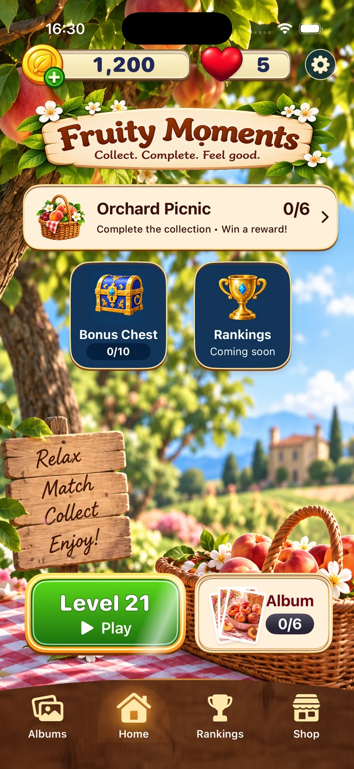 Current Jigsaw Gardens test build: Warm Wood home screen with a Play button and collections. Some screens use the working title Fruity Moments.