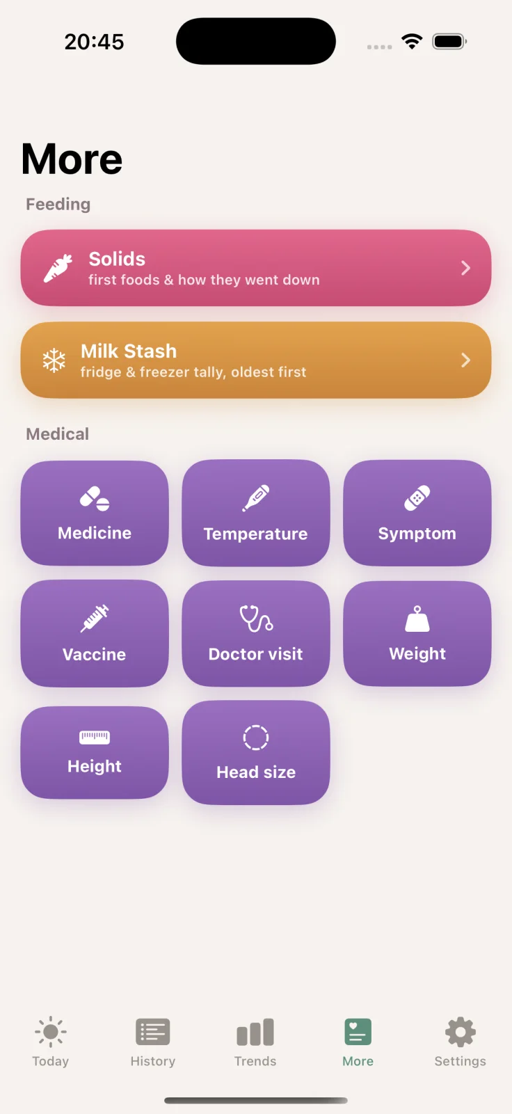 The More screen: Solids and Milk Stash at the top, then a grid of medical entries — medicine, temperature, symptom, vaccine, doctor visit, weight, height and head size.
