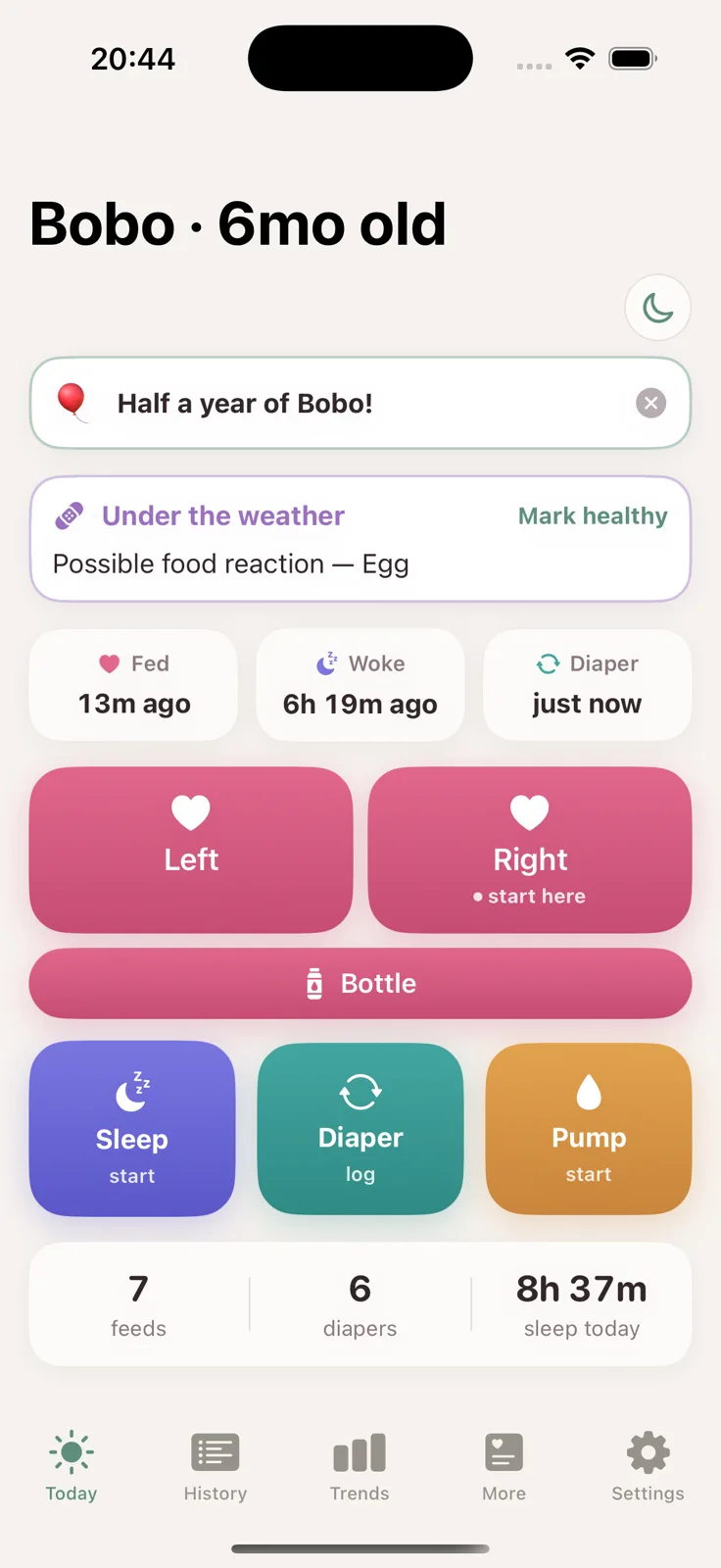 Tiny Rhythm's Today screen: the baby's name and age, how long since the last feed, sleep and diaper, and large buttons to start nursing on either side.
